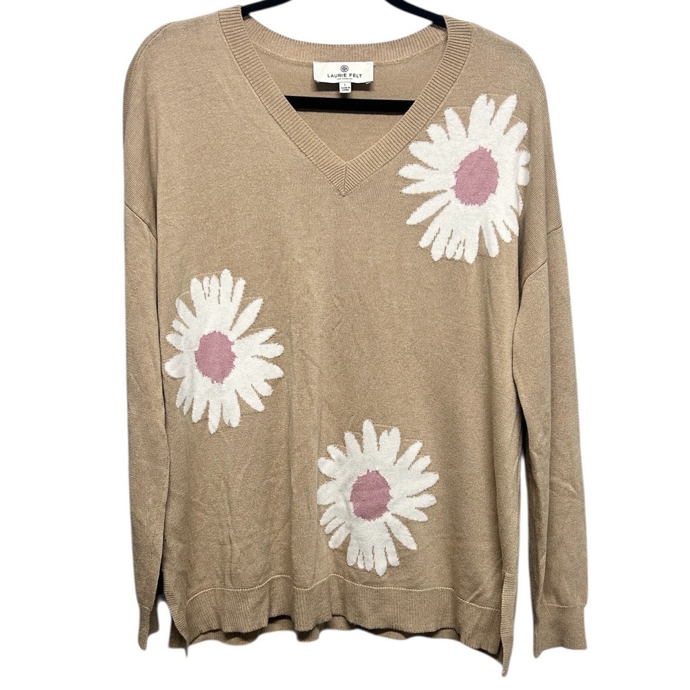 Laurie Felt Cashmere Blend Daisy V Neck Sweater XL Flowers Soft Cozy